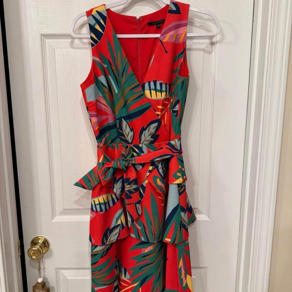 Red and Green Leaf Print Midi Dress
